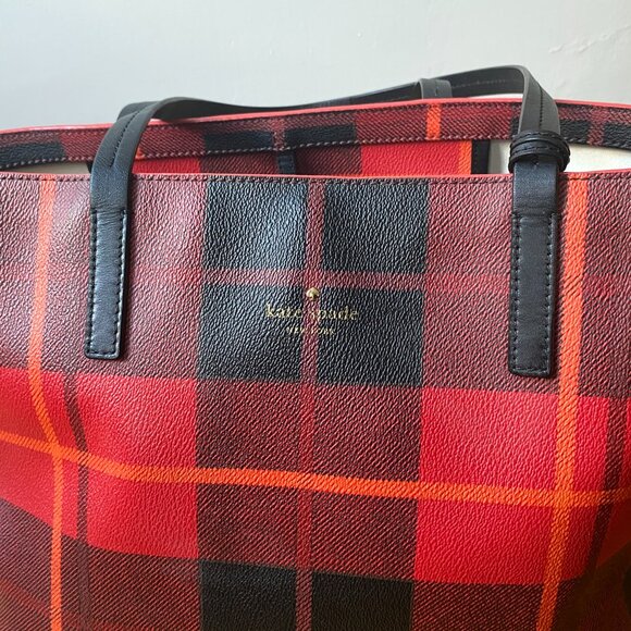 Kate Spade Red and Black Plaid Tote Satchel - Picture 3 of 8